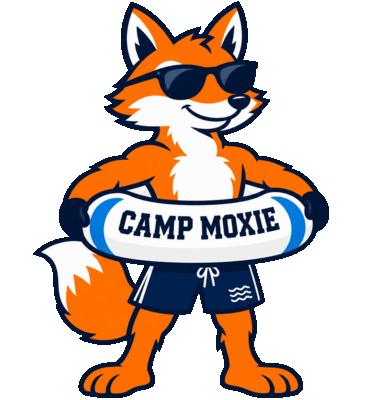 Moxie the Fox swimming with a Camp Moxie swim ring
