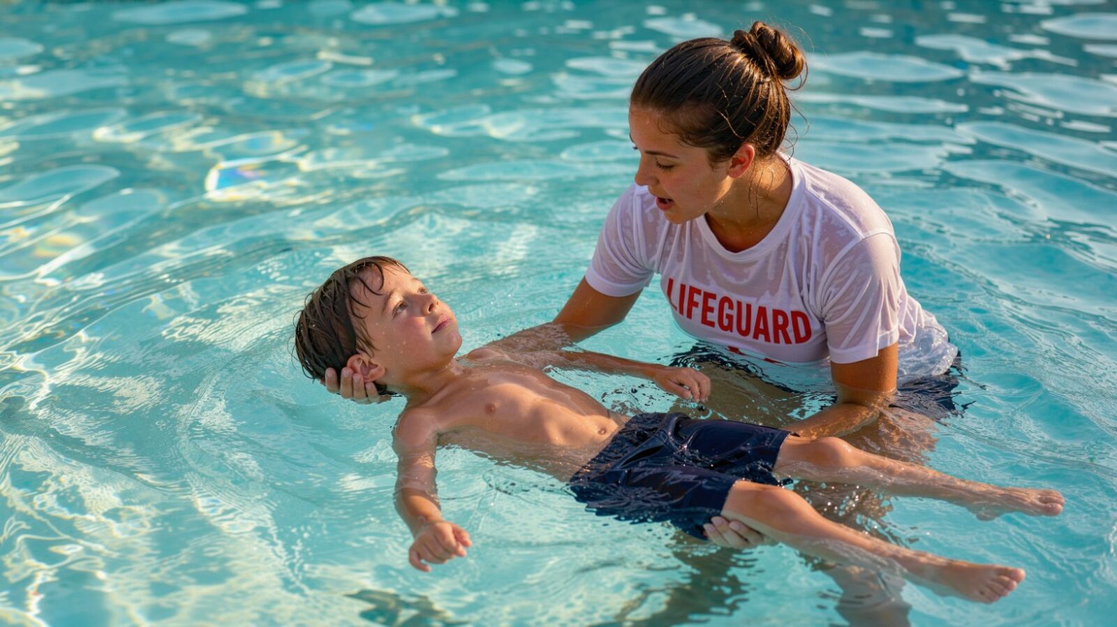 A lifeguard teaching a camper to float in the pool